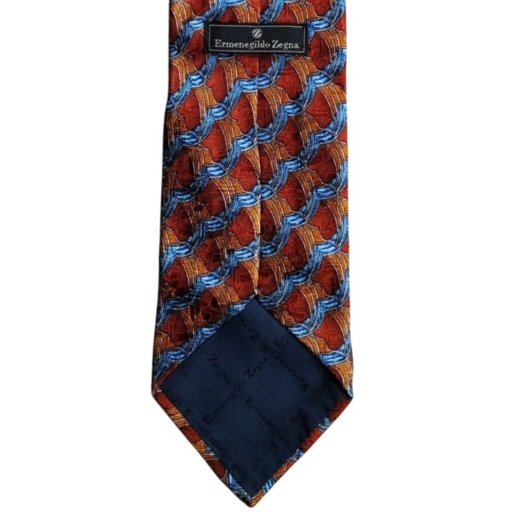 Ermenegildo Zegna Silk Tie Mens Orange Blue Luxury Geometric Made in Italy